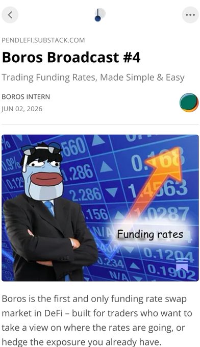 "Boros broadcast #4" is featured prominently at the top of an advertisement with a graphic picture of Boros, a character from an animated TV show or movie. This advertisement highlights Boros as the first and only funding rate swap strategy for traders who are interested in taking a look at where the rates are going and already have. The post also mentions Boros' role in solving an efficiency problem, fixing something that is currently inefficient within the trading market, which can lead to higher returns on hedging strategies based on Boros' performance.