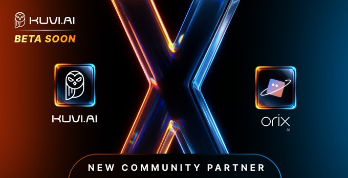 Promotional banner for KUVI.AI 'Beta Soon' featuring two app icons - KUVI.AI (owl mascot) and orix AI - announced as a 'New Community Partner' over a stylized X graphic.