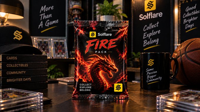 A promotional display for 'Solflare' features a 'FIRE PACK' card pack with a red dragon design, surrounded by branded merchandise including a black cap, mug, basketball, and cards with text like 'More Than A Game' and 'Collect Explore Belong'.