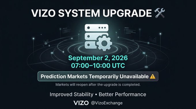 A Vizo Exchange announcement for a system upgrade on September 2, 2026, from 07:00-10:00 UTC, noting prediction markets will be temporarily unavailable with promises of improved stability and better performance.