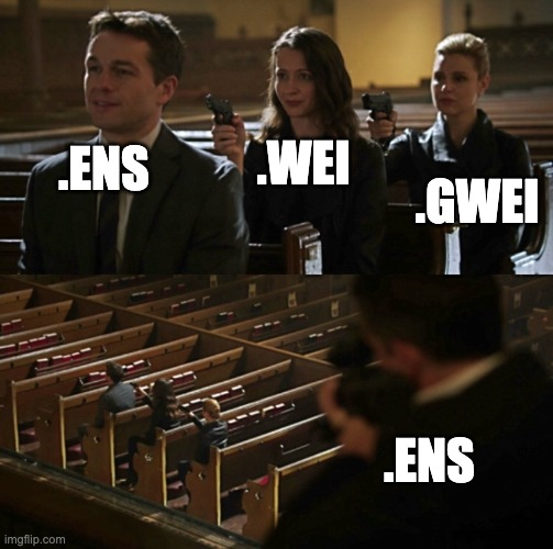 A meme from a movie scene showing people in a church with guns, overlaid with the text '.ENS', '.WEI', '.GWEI', and '.ENS' as a crypto naming joke.