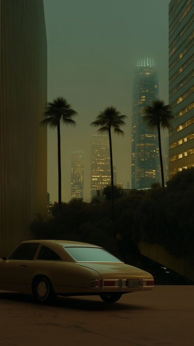 A stylized nighttime cityscape with a vintage cream-colored coupe parked in the foreground, palm trees, and illuminated skyscrapers visible through a greenish haze.