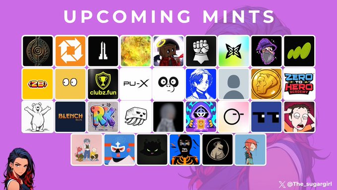 A vibrant pink-themed graphic titled "UPCOMING MINTS" displays a grid of NFT project thumbnails, including recognizable names like ZED, clubz.fun, PU-X, BLENCH, and ZERO HERO SIDEQUEST, previewing the drops listed in the tweet such as @MuoriField (0.01/0.075 ETH, 300 supply), @unvault (Free Mint, 5000 supply), and @standard_rsv. A character illustration appears in the bottom-left corner, with the creator handle "@The_sugargirl" credited in the bottom-right.