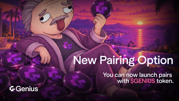 The promotional image features a stylized cartoon character lounging among purple $GENIUS-branded coins against a sunset cityscape, with text announcing "New Pairing Option" and "You can now launch pairs with $GENIUS token." The luxurious, laid-back aesthetic reinforces the post's announcement that users can now pair their deployed tokens with $GENIUS for market launches.
