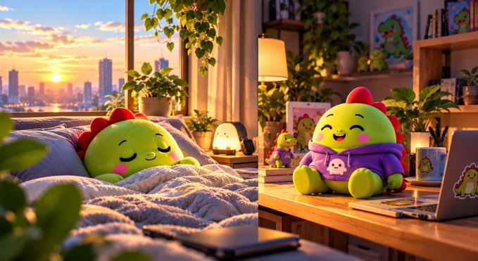 A cute green cartoon character with red spikes is shown in two cozy scenes — sleeping in a sunset-lit bedroom and sitting in a purple hoodie at a desk with a laptop.