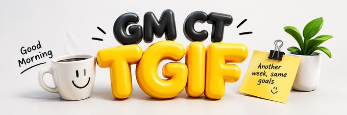 A cheerful graphic featuring 3D balloon letters spelling 'GMCT TGIF' alongside a smiling coffee mug labeled 'Good Morning' and a sticky note reading 'Another week, same goals'.