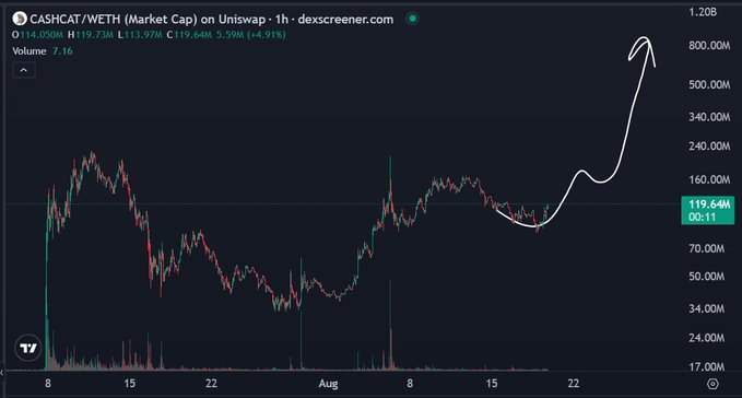 A Dexscreener chart shows CASHCAT/WETH market cap surging from ~$14M to a peak near $1.2B before pulling back to $119.64M (-4.91%), with volume at 7.16 — visually supporting the bullish sentiment in the post about "cat szn on Robinhood chain."