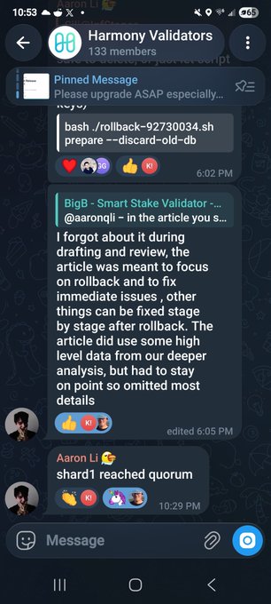 A screenshot of a Telegram group chat called "Harmony Validators" with 133 members shows messages from users discussing a shard1 quorum being reached at 10:29 PM and earlier discussions about an article regarding rollback and fixed-stage issues by BigB (a Smart Stake Validator), directly supporting the post's announcement about Shard $ONE reaching the threshold.