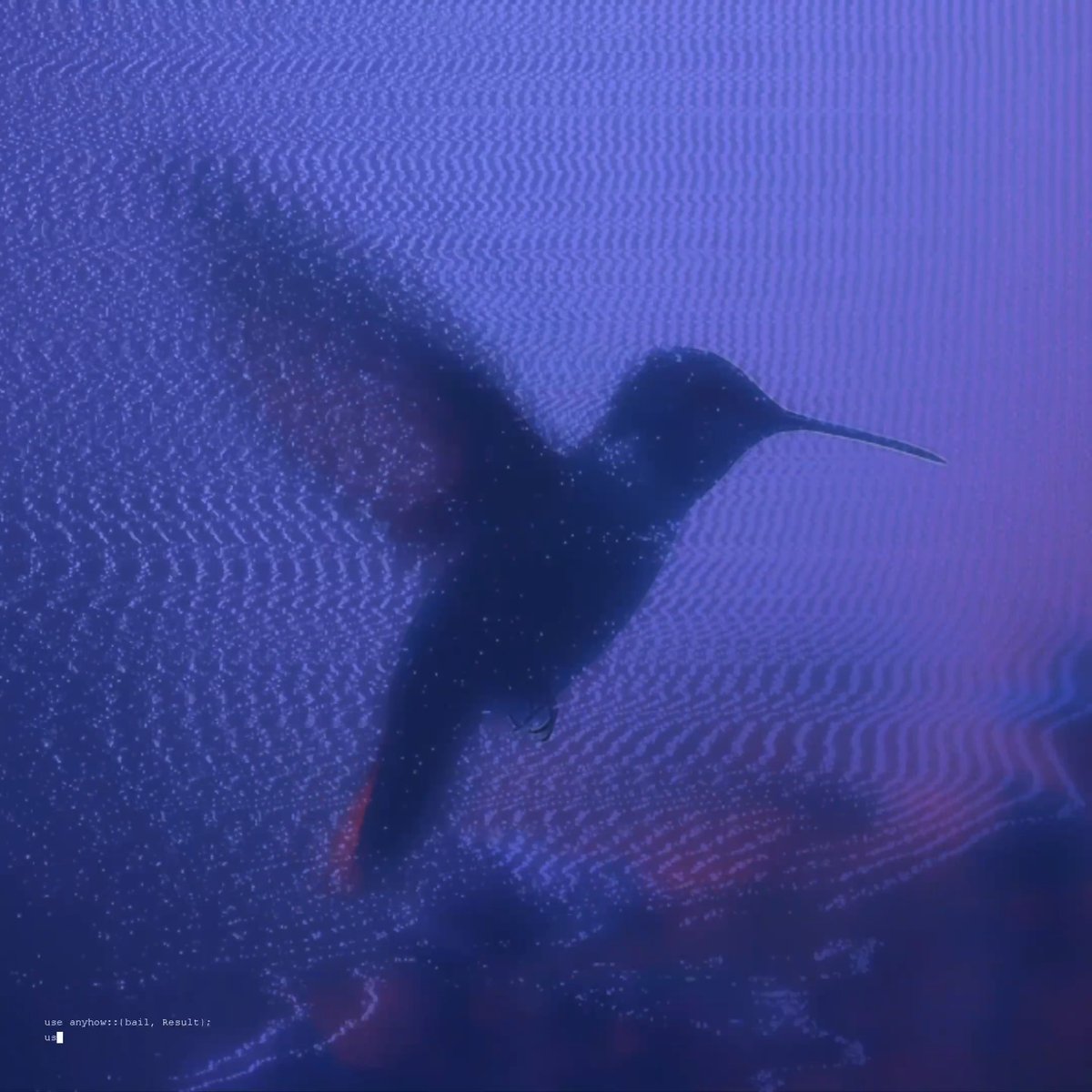 A hummingbird in mid-flight is silhouetted against a vibrant purple-blue rippled background, with the text "use anyhow::{bail, Result}; u█" visible in the bottom-left corner, evoking a coding/loading aesthetic that pairs with the post's "Initializing" progress bar.