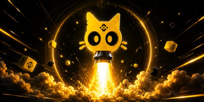 A golden cat-headed rocket emblazoned with the Binance (BNB) logo blasts upward through a ring of light, surrounded by floating Binance-branded cubes and fiery clouds. The image visually represents the upcoming launch of $xLER on Four.Meme, with the cat/Binance imagery tying into the project's branding and crypto ecosystem.
