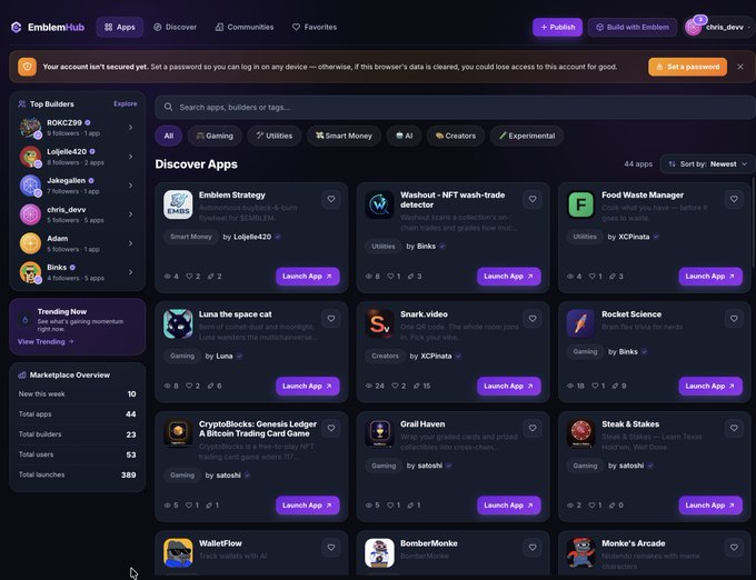 A screenshot of the Emblemhub platform homepage displaying a dark-themed interface with an app discovery grid, featuring apps like 'Emblem Strategy', 'Washout', 'Food Waste Manager', 'Luna the space cat', and 'Snark.video', along with sidebar statistics showing 44 apps, 23 builders, and 389 launches.