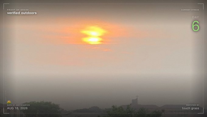 A webcam view of a sunset with the sun glowing orange through clouds, labeled 'PROOF OF GRASS', 'verified outdoors', 'DAY 6', dated 'AUG 16, 2026', with 'CERTIFIED BY touch grass' in the corner.