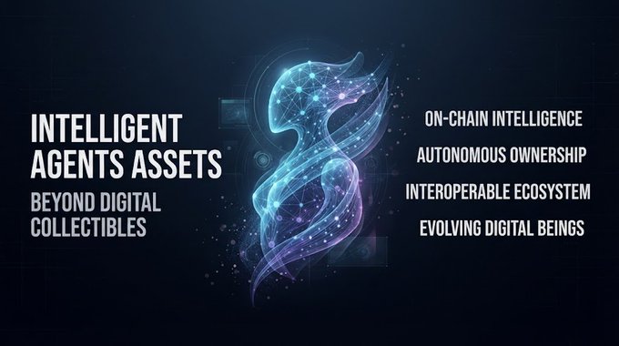 A promotional banner titled 'Intelligent Agents Assets: Beyond Digital Collectibles' with features 'On-Chain Intelligence, Autonomous Ownership, Interoperable Ecosystem, Evolving Digital Beings,' centered around a glowing blue digital serpentine figure.