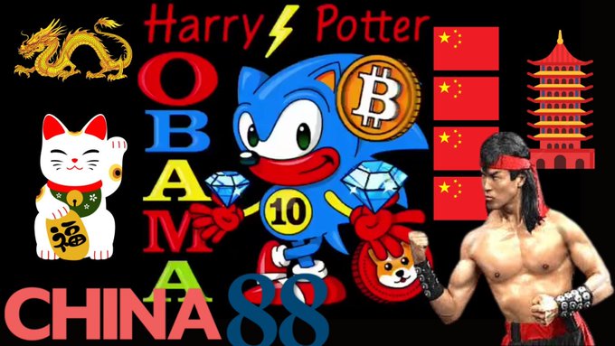 A collage featuring 'Harry Potter', 'OBAMA88', 'CHINA' alongside a golden dragon, Chinese flag, lucky cat, red pagoda, Bitcoin, a Sonic the Hedgehog-style character with the number 10, and a martial artist.