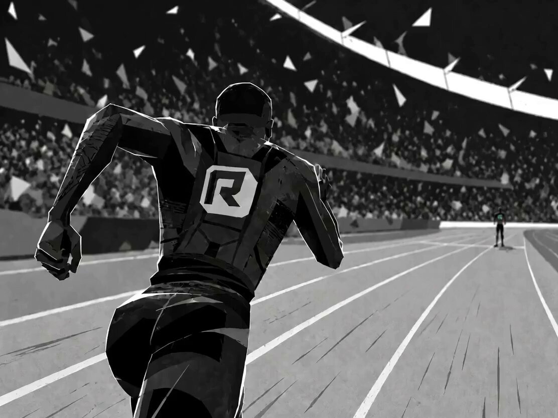 The image features an athlete running on a track, wearing a black and white suit with a logo on their back. The background of the image shows a stadium filled with spectators watching the runner as they compete.