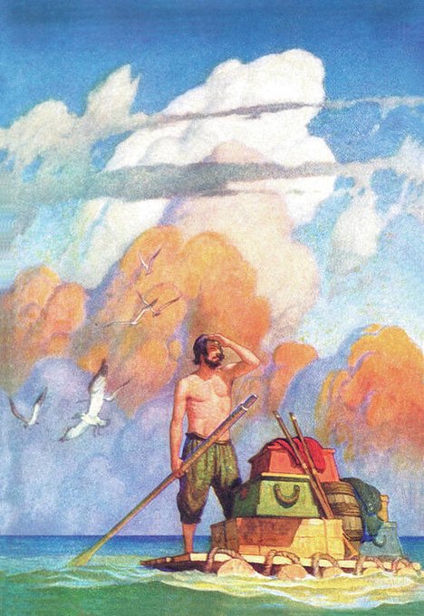 A colorful illustration of a shirtless man on a raft made of luggage and trunks, holding a pole, with seagulls flying around him against a cloudy sky.