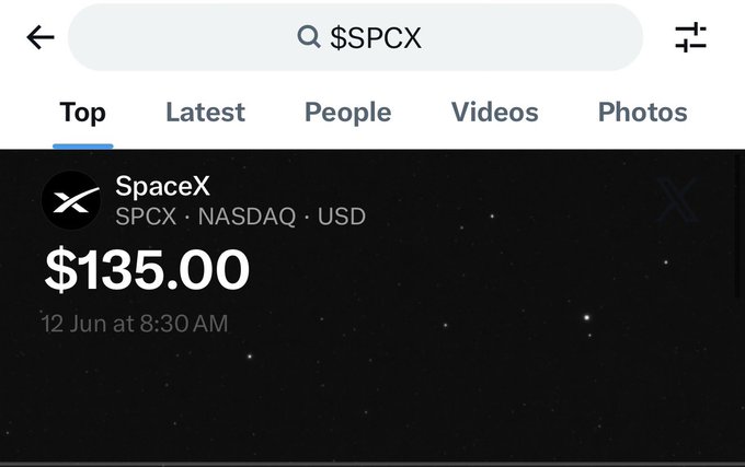 The image shows a screenshot of a social media app, possibly Instagram or Facebook, with a post that reads "SPCX $135.00" at the top left corner. The post also includes a link to a video titled "People", which is likely related to the spacex company. The post has been shared by someone named "top".