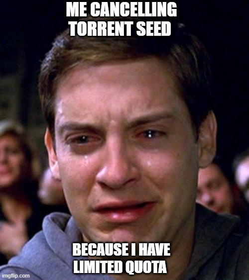 A crying Peter Parker meme with text reading "ME CANCELLING TORRENT SEED BECAUSE I HAVE LIMITED QUOTA".