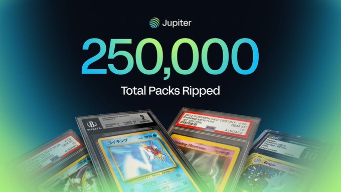 A promotional graphic for Jupiter showing '250,000 Total Packs Ripped' with graded Pokemon cards displayed below.
