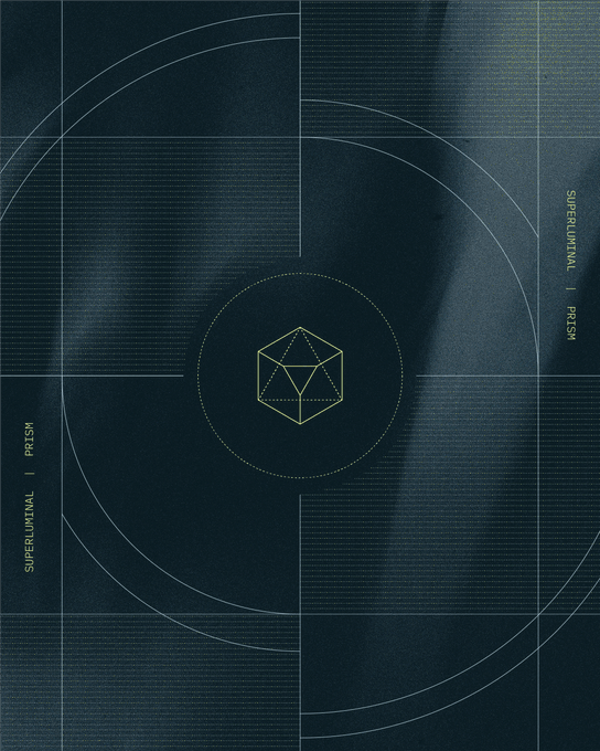 A dark blue geometric design features a central icosahedron within concentric circles and crosshairs, with the vertical text "SUPERLUMINAL" and "PRISM" appearing on both sides. The image visually echoes the post's message about Prism's "Dual Flow Batch Auctions," using the precise, technical aesthetic to symbolize the structured replacement of speed-based front-running in continuous orderbooks with a fairer batching system.