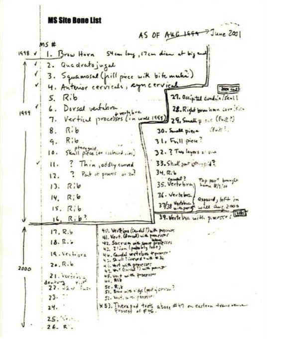 A handwritten 'MS Site Bone List' as of AKG 164 / June 2001, listing archaeological bone findings with numbered items describing brow horns, squamosal pieces, ribs, vertebrae, and other skeletal fragments from 1998-2000.