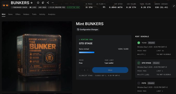 Screenshot of the BUNKERS NFT minting page showing a 3D rendered bunker crate, with 1,034 of 3,333 minted at a price of 1 per wallet and a mint schedule detailing Team, GTD, and FCFS windows for September 1, 9:30-10:30 PM GMT+3.