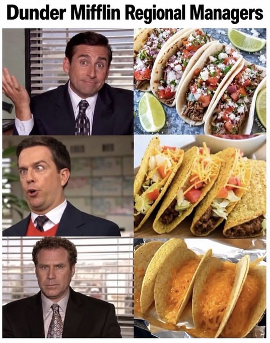 A meme titled 'Dunder Mifflin Regional Managers' showing a three-row grid pairing Michael Scott, Andy Bernard, and Charles Miner from The Office with images of tacos, hard tacos, and Doritos Locos tacos.