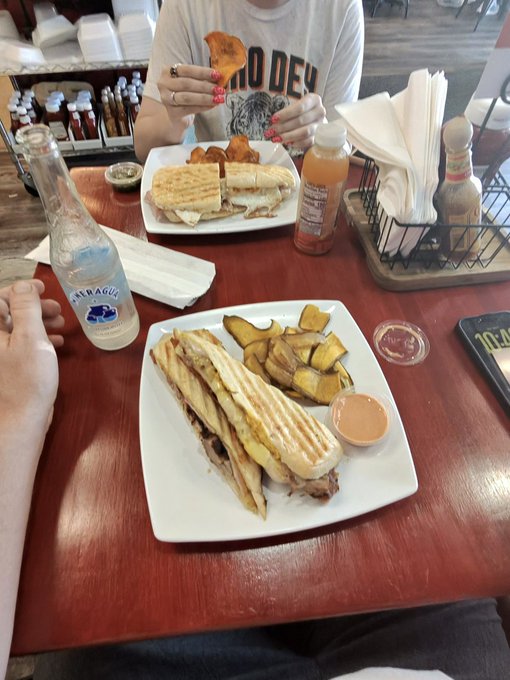 A restaurant table holds a plate of toasted sandwiches with potato wedges and dipping sauce, alongside a bottle of Saratoga water, a spicy beverage, and another diner’s plate.