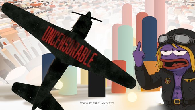 An illustration shows a purple fish-like character wearing a black leather jacket, goggles, and a helmet, pointing upward next to a black silhouette of an airplane with the word 'UNCENSURABLE' written in red.