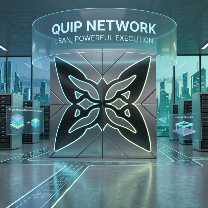 The image shows an office space with a large silver butterfly-shaped logo prominently displayed on the wall. The room features multiple servers and data centers, indicating a technology or tech company setting. The caption above the butterfly logo reads "Efficiency is often sacrificed for the sake of complex features. It is a mistake to believe that more complexity equals a better product. @quipnetwork focuses on lean, powerful execution. It strips away the unnecessary layers that slow down your applications." This message emphasizes the importance of simplicity and efficiency in software development or any other technology-related field.