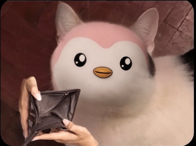 A white cat with a digitally added cute anime-style face overlay, being held by a person's hand.