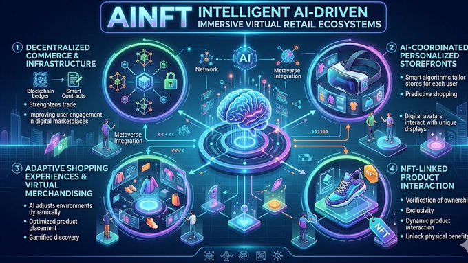 The image presents a graphic representation of an immersive virtual retail ecosystem, with four distinct areas depicted within it - a smart shopping experience that includes a robot brain, a shoe vendor, a smart shopping app, and an online marketplace. Each area has its own unique characteristics or features, such as the robot brain being used for AI coordination or the shoes vendor offering virtual transactions through NFTs (Non-Fungible Tokens). The image also references the growing market of immersive retail systems in which AI is driving consumer engagement and transforming the way people shop and interact with products.