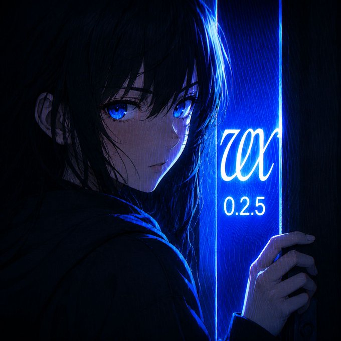 An anime-style illustration shows a dark-haired character with striking blue eyes looking back, accompanied by a glowing blue vertical bar displaying the text 'zeX 0.2.5'.