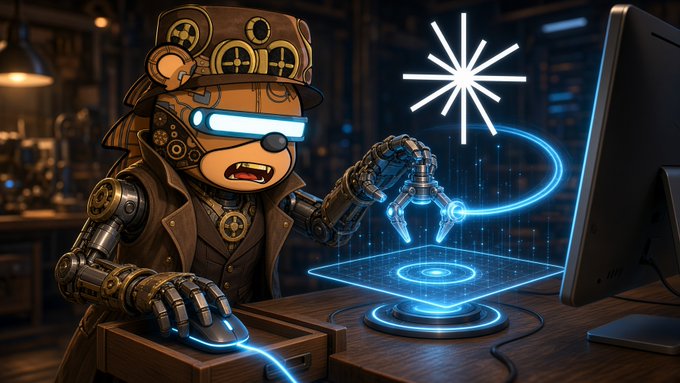 A digital illustration of a steampunk-style teddy bear wearing glowing blue goggles, interacting with a futuristic holographic interface and computer monitor.