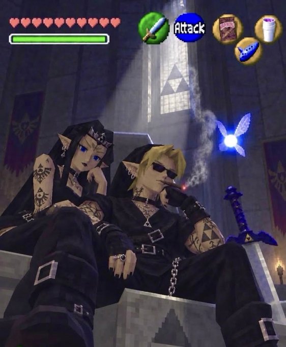 A screenshot from the video game The Legend of Zelda: Ocarina of Time showing Link in his 'Bad Dude' black leather outfit with sunglasses, tattoos, and a cigarette, sitting next to Princess Midna, with hearts, an Attack button, and a blue fairy (Navi) visible.