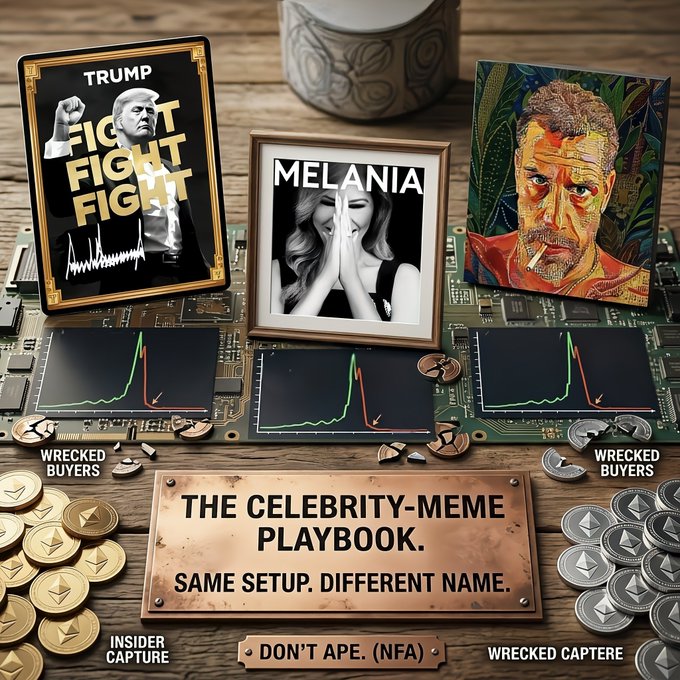 A graphic titled 'THE CELEBRITY-MEME PLAYBOOK. SAME SETUP. DIFFERENT NAME.' displays framed images of Trump, Melania, and another figure alongside declining line charts labeled 'WRECKED BUYERS' on a circuit board background.