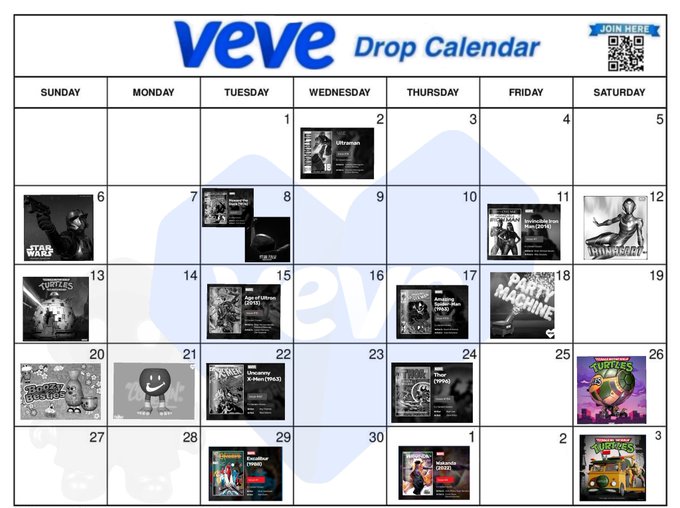 A 'veve Drop Calendar' monthly schedule displays various collectible drop thumbnails across dates, featuring titles like 'Ultraman', 'Star Wars', 'Duel Masters', 'FORTNITE', 'NBA TOP SHOT', and 'TEENAGE MUTANT NINJA TURTLES'.