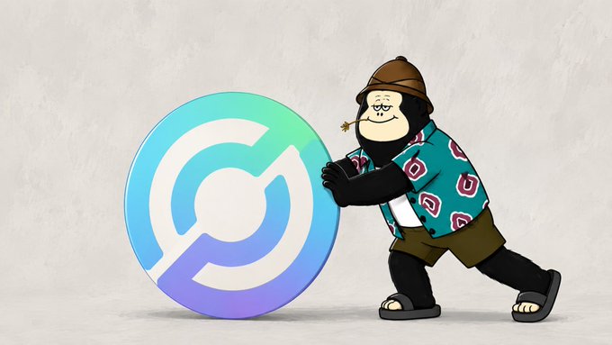 The image features a cartoon gorilla wearing a Hawaiian shirt with a pattern of red and white flowers, holding a blue circle next to his leg. The caption for the image reads "Gm friends! Small riddle for the morning: what happens when @circle shows up next to @movement_xyz? Maybe nothing loud at first just another line on a partner page. But look closer and the idea gets bigger".