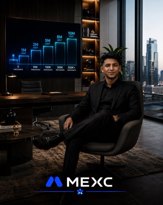A man in a black suit sits confidently in a modern office with the MEXC logo displayed at the bottom, while a digital chart behind him illustrates the event's growing prize pool scaling from 1M to 10M USDT as participant counts rise from "0 PARTICIPANTS" to "300K+ PARTICIPANTS." The visualization reinforces the post's message about MEXC's "Win: 0 Arena" competition, where the reward pool compounds as more users join.