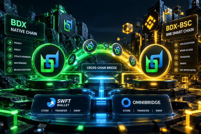 A digital graphic depicts a 'CROSS-CHAIN BRIDGE' between the 'BDX NATIVE CHAIN' (highlighted in green) and 'BDX-BSC BNB SMART CHAIN' (highlighted in yellow), illustrating features like 'STORE | TRANSFER | SWAP' with 'SWFT WALLET' and 'OMNIBRIDGE' at the base.