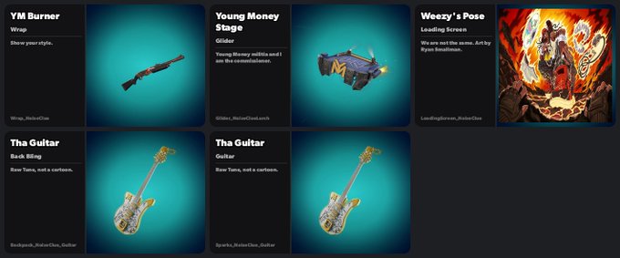 An inventory screen showcases five items: 'YM Burner' (wrap), 'Young Money Stage' (glider), 'Weezy's Pose' (loading screen), 'Tha Guitar' (back bling), and 'Tha Guitar' (guitar).