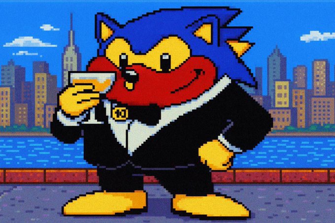 A pixel-art hedgehog character dressed in a dapper black tuxedo and bow tie holds a martini glass against a city skyline backdrop, fitting the "gm" (good morning) post with a classy, sophisticated greeting vibe.
