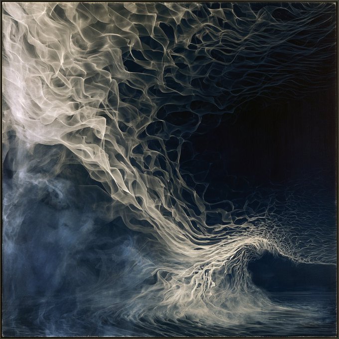 An abstract artwork features swirling, wave-like patterns in shades of white, cream, and dark blue, resembling smoke or water against a deep black background.