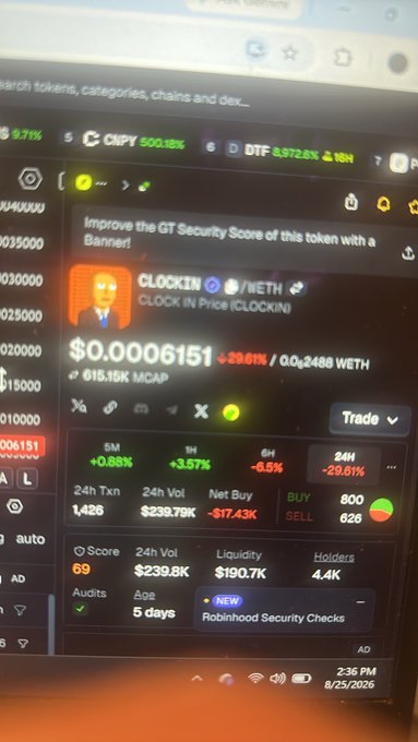A screenshot of a cryptocurrency trading platform showing the token 'CLOCKIN' priced at $0.00006151 with a 29.61% drop, dated 8/25/2026.