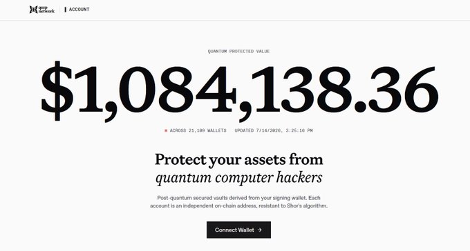 A screenshot of a website titled 'My Solo Network' displaying a 'Quantum Protected Value' of $1,084,138.36 across 21,180 wallets, with text offering post-quantum secured vaults to protect assets from quantum computer hackers.