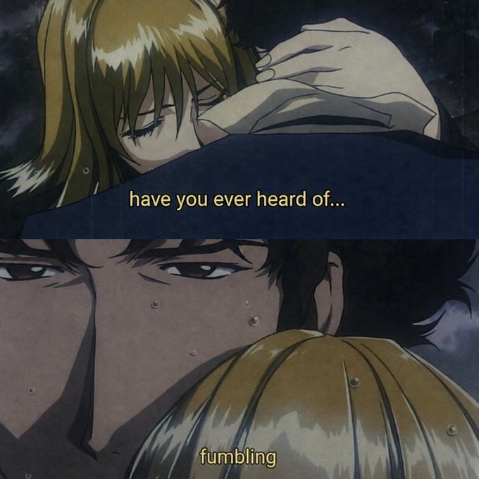 A two-panel anime-style image with text reading 'have you ever heard of...' on top and 'fumbling' on the bottom, showing characters in emotional or intimate poses. The art style appears vintage or 90s-esque with detailed shading and a slightly grainy texture.
