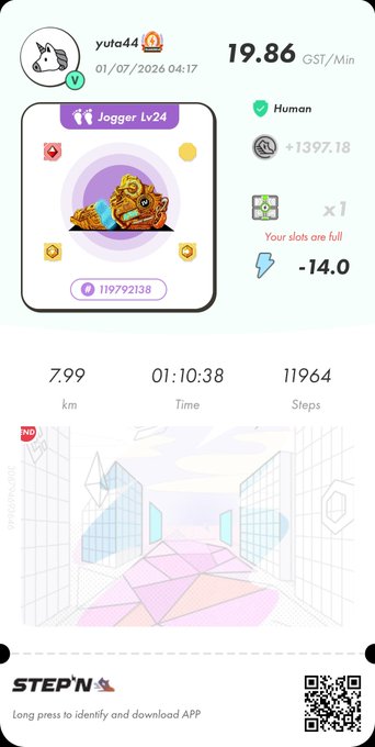 A StepN app screenshot showing a 'Jogger Lv24' sneaker NFT with stats: 19.86 GST/Min, 7.99 km, 01:10:38 time, and 11964 steps.