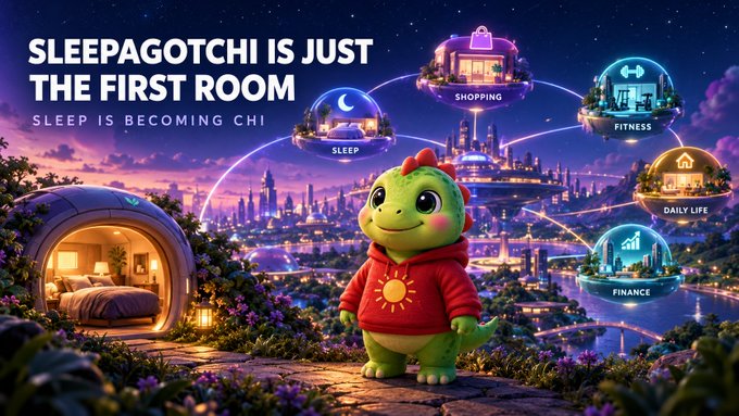 A colorful digital illustration for 'SLEEPAGOTCHI' featuring a cute green dinosaur mascot in a red hoodie, with the text 'SLEEPAGOTCHI IS JUST THE FIRST ROOM' and 'SLEEP IS BECOMING CHI' alongside floating bubbles labeled Sleep, Shopping, Fitness, Daily Life, and Finance.