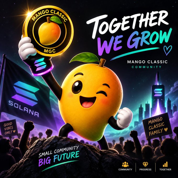 A promotional graphic for 'Mango Classic Community' featuring an animated mango character holding a 'MANGO CLASSIC MGC' coin, with text reading 'TOGETHER WE GROW', 'SMALL COMMUNITY BIG FUTURE', and Solana logos.