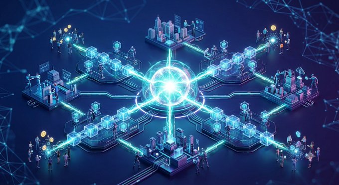A futuristic digital illustration depicting a glowing central network hub connected by light beams to various surrounding cityscapes and small human figures, symbolizing a global decentralized network.